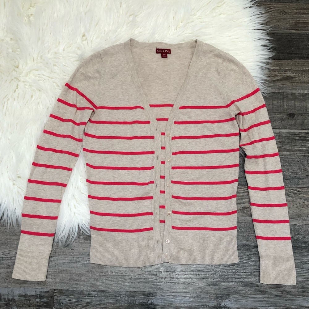 Merona Heathered Tan with Pink Stripes Long Sleeve Cardigan Size S